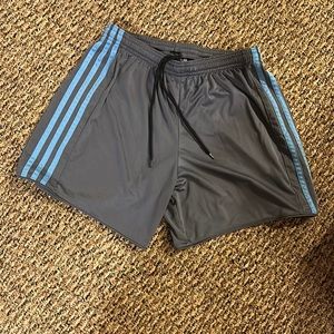 Gray and blue adidas soccer shorts